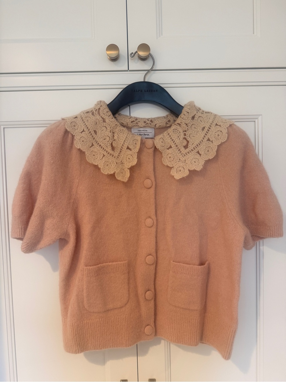 & Other Stories Peach Knit Short-Sleeve Cardigan with Lace Collar